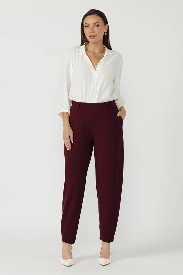Liv Barrel Leg Pant in Wine Smart Crepe