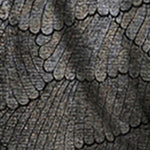 Fabric swatch of bronze foil scallop print fabric used Australian fashion brand to make skirts, top and dresses for cocktail wear.
