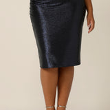 A great skirt for plus size and fuller figure evening and event wear, the Brooke Tube Skirt is made in shimmering stretch jersey and available in an inclusive size range of 8 to 24. A midnight blue, below-the-knee-skirt, this comfortable occasionwear skirt is made in Australia by Australian and New Zealand women's clothing label, L&F