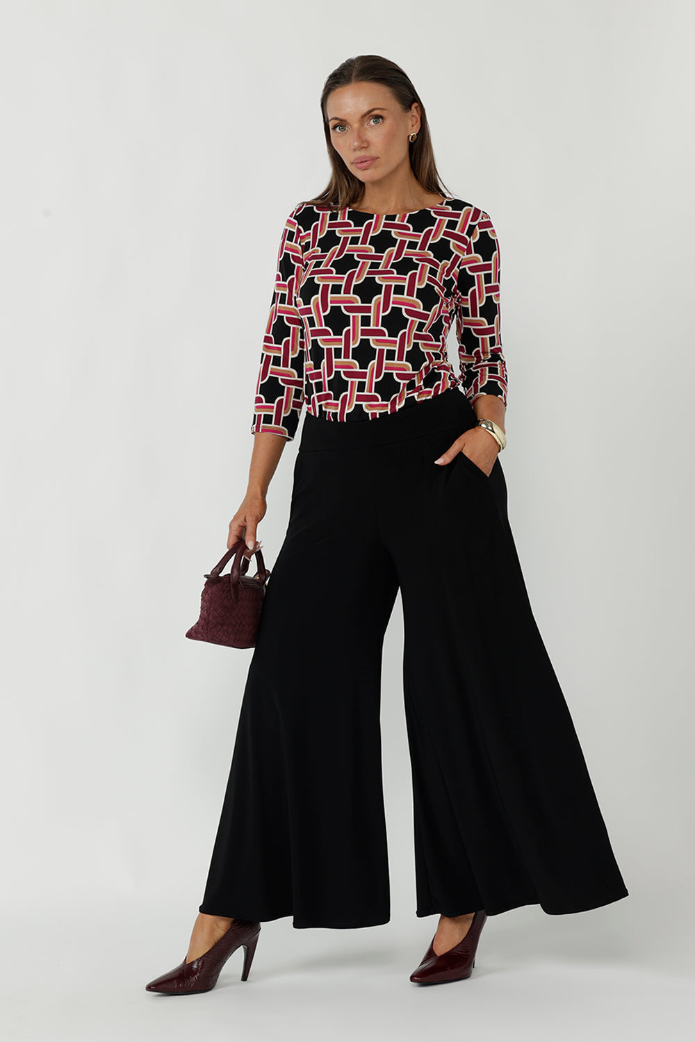 Caspian Palazzo Pant crafted from premium dry-touch stretch jersey with a fluid wide-leg silhouette, pull-on waistband and side pockets for effortless everyday comfort.
