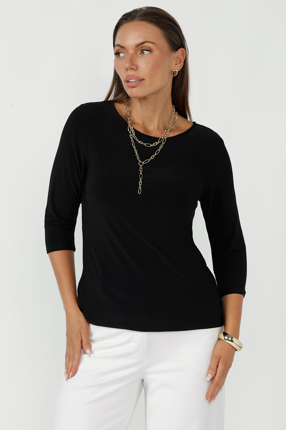 Collins Top crafted from premium dry-touch stretch jersey featuring a chic boat neckline, 3/4 sleeves and a sleek close-to-body fit for effortless everyday styling.