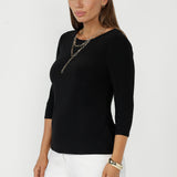 Women’s Collins Top in soft stretch dry-touch jersey with a streamlined silhouette, boat neckline, dipped hemline and elegant 3/4 length sleeves.