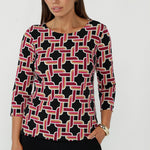 Women’s Collins Top in the Ruby Connection print with a flattering close-to-body fit, boat neckline, dipped hemline and soft stretch jersey, proudly made in Australia.