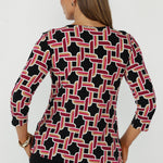 Australian-made Collins Top in the Ruby Connection print with soft stretch fabrication, streamlined fit, dipped hemline and modern geometric detailing for effortless everyday dressing.