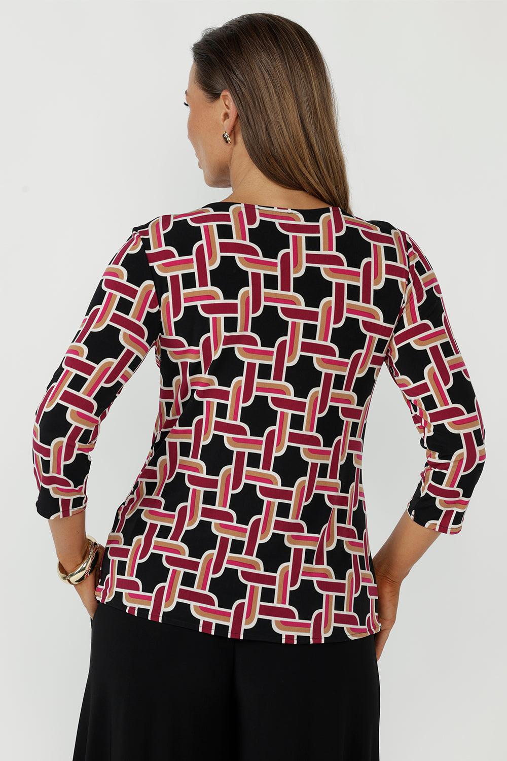 Australian-made Collins Top in the Ruby Connection print with soft stretch fabrication, streamlined fit, dipped hemline and modern geometric detailing for effortless everyday dressing.