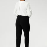 This corporate pant style is breathable and has a matching jacket options to complete the full suiting look. Made in Australia by Leina & Fleur, a woman's clothing brand that stocks sizes 8-24.