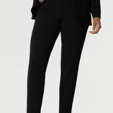 Easy care pants are made from scuba crepe fabric that provide comfortability and stretch when worn. Image shows pants styled with blazer for a full suiting look. Woman's clothing brand Leina & Fleur is Australian made and have a size offering of 8-24.