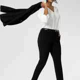 The Corbin Pant is made of stretchy black Scuba Crepe fabric. This off duty pant style is breathable and has a matching black blazer to complete the full suit look.  Made in Australia by Leina & Fleur, a woman's clothing brand that stocks sizes 8-24.