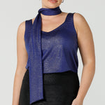 A shimmering jersey neck tie in cobalt puts the finishing touch to matching cami top for an evening event look. Made in Australia by women's clothing and occasionwear brand, L&F.