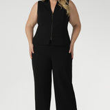 Black work wear pants. Easy care fabric used to craft pants is scuba crepe. Off duty pants provide breathable stretch and comfort. Australia Made for woman in Australia and New Zealand. 