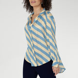 The elegant Blue Sky Stripe print blends soft sky blue and vanilla tones, delivering a fresh yet timeless look. Sizes 8-24