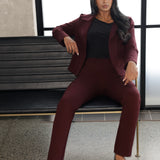 Size 10 woman wears a pull-on style pant, crafted from dry touch Ponte fabric that provides firm stretch and full body comfort. Over 30's model wears the Garcia Jacket in the matching burgundy colour for a coordinated suiting look. Available in sizes 8-24.