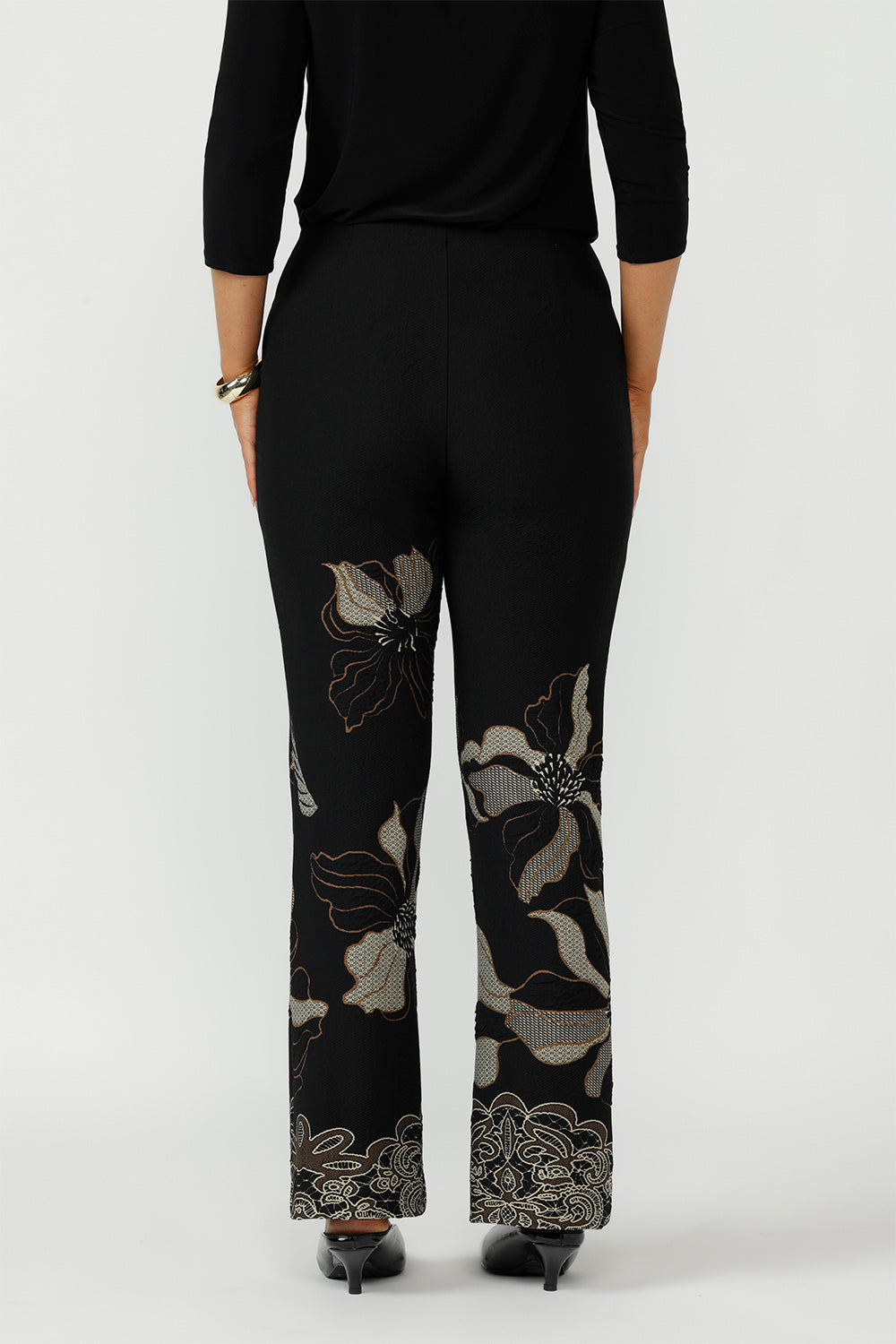 Australian-made Gilded Noir Pant featuring a richly textured black jacquard fabrication with toffee and cream accents, offering effortless elegance for work, events and special occasions.