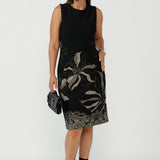 Sleeveless Gilded Noir Shift Dress in a premium textured jacquard knit, designed with flattering shaping darts, a refined neckline and an elegant black, toffee and cream print.