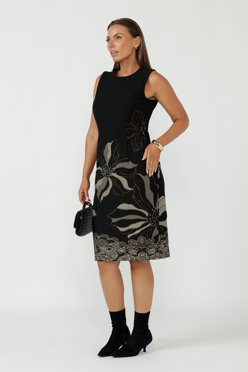 Australian-made Gilded Noir Shift Dress featuring a luxe stretch jacquard fabrication, sophisticated shift silhouette and textured black base with striking toffee and cream accents.