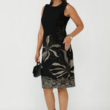 Australian-made Gilded Noir Shift Dress featuring a luxe stretch jacquard fabrication, sophisticated shift silhouette and textured black base with striking toffee and cream accents.