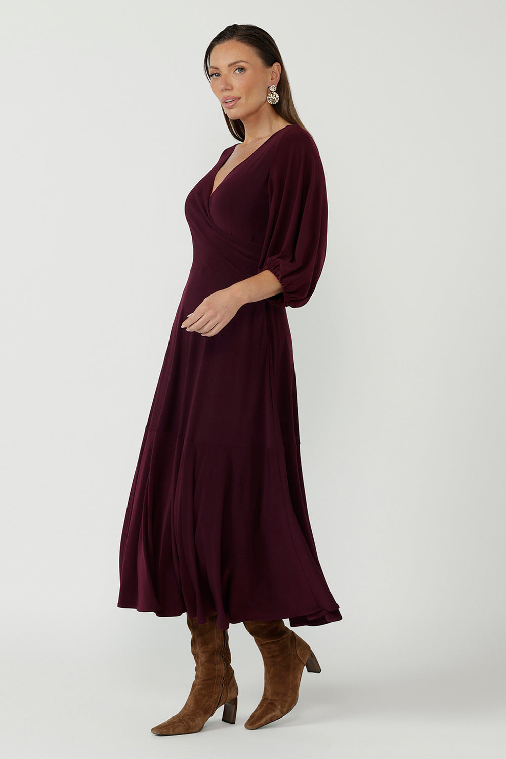 Luxe Helena Maxi Dress crafted from dry-touch stretch jersey with a flattering wrap neckline, lantern sleeves and elegant movement for special occasions and events.