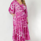 Australian-made Helena Dress featuring luxe burnout fabric, a flattering wrap-front silhouette and flowing ruffle hem, designed in Regular and Petite styles for sizes 8–24.