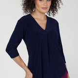The Jaime top is our version of the perfect collarless tailored shirt that transitions beautifully from work to weekend. Crafted from our premium dry-touch jersey base that as soft stretch.