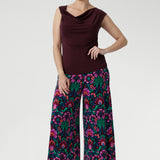 The Jordan Top ensures both comfort and structure. Proudly designed and made in Australia, it embodies high-quality craftsmanship and timeless versatility. Size 10 model wears her reversible top with printed culottes and chunky black sandals.