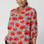 The Kelyn Top is a versatile piece that effortlessly transitions from workwear to weekend chic, offering a relaxed, floaty feel with high-style sophistication. Australian made by woman's clothing brand Leina & Fleur, available in sizes 8-24.