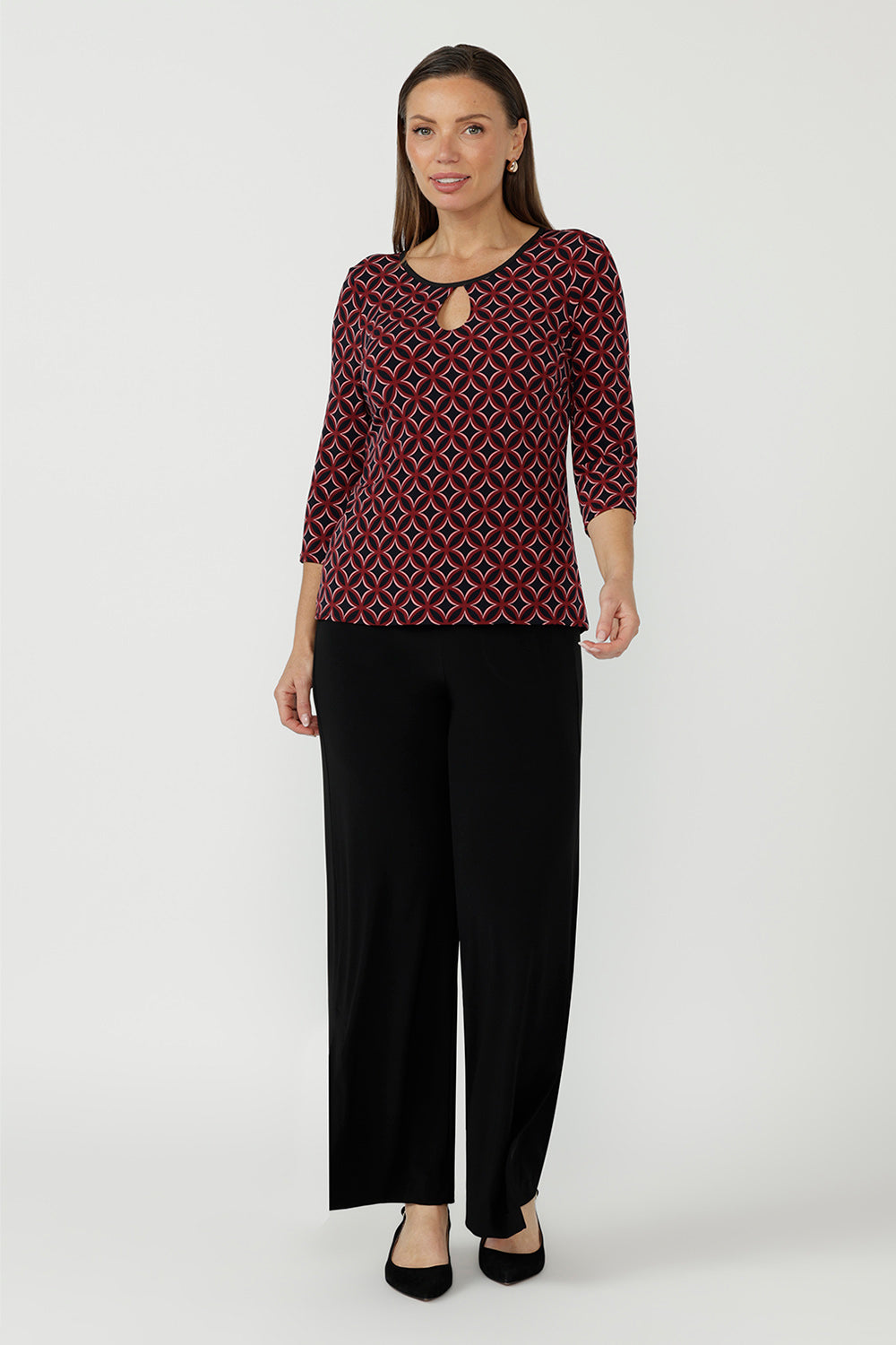 Featuring a satin-bound keyhole scoop neckline, fitted ¾ sleeves, a slender-cut silhouette, and a curved hemline, it's designed to transition seamlessly from work to weekends and special occasions. Proudly designed and made in Australia.&nbsp;