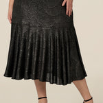 A midi length, foil print evening skirt with ruffle hem in plus size. For cocktail and evening wear, this elegant skirt is made in Australia by women's fashion brand, Leina & Fleur. Shop their evening and cocktail wear online in sizes 8 to 24.