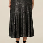Back view of a midi length, foil print evening skirt with ruffle hem. For cocktail and evening wear, this elegant skirt is made in Australia by women's fashion brand, Leina & Fleur. Shop their evening and cocktail wear online in sizes 8 to 24.