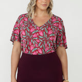Women's Lila Top in premium soft stretch jersey featuring feminine flutter sleeves, a refined V-neck and a relaxed fit for elevated everyday dressing.