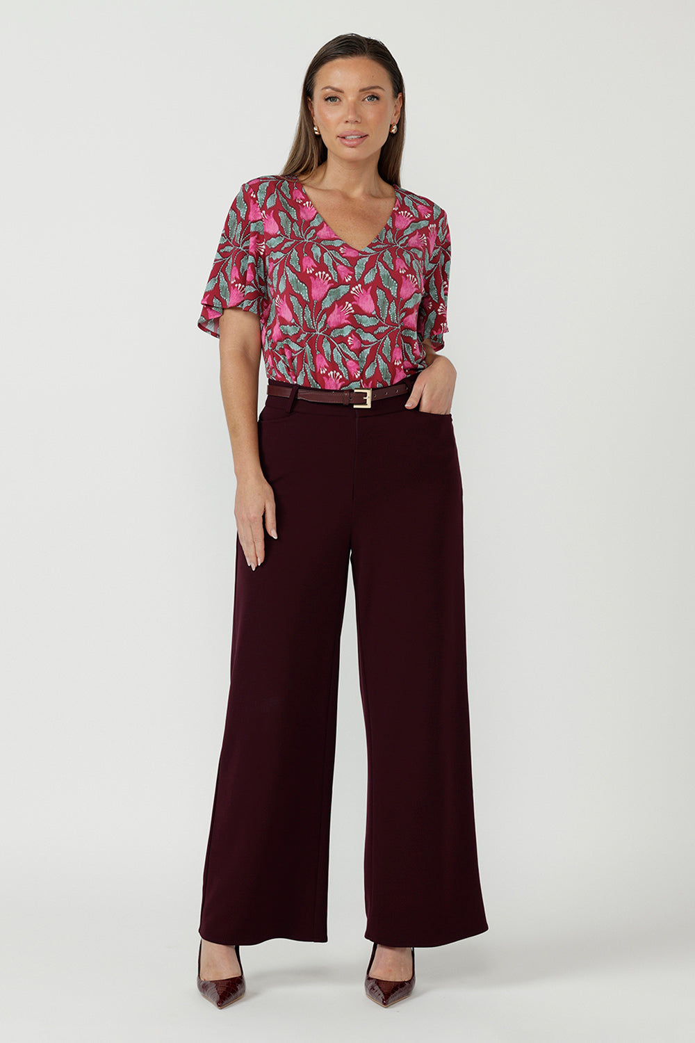 Elegant Lila Top crafted from soft stretch dry-touch jersey, featuring a relaxed slim fit, V-neckline and flowing flutter sleeves for timeless sophistication.