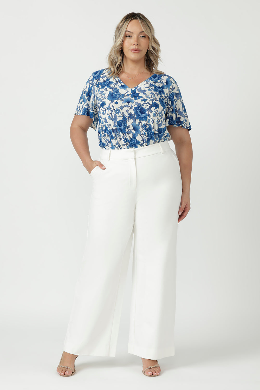 Australian-made Lila Top with delicate embroidered texture, feminine flutter sleeves and a flattering V-neckline for effortless everyday style.
