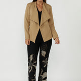 Soft suiting Lyndon Jacket featuring a wrap-style silhouette, tailored back shaping and detachable waist tie, crafted from luxurious stretch Modal fabric.
