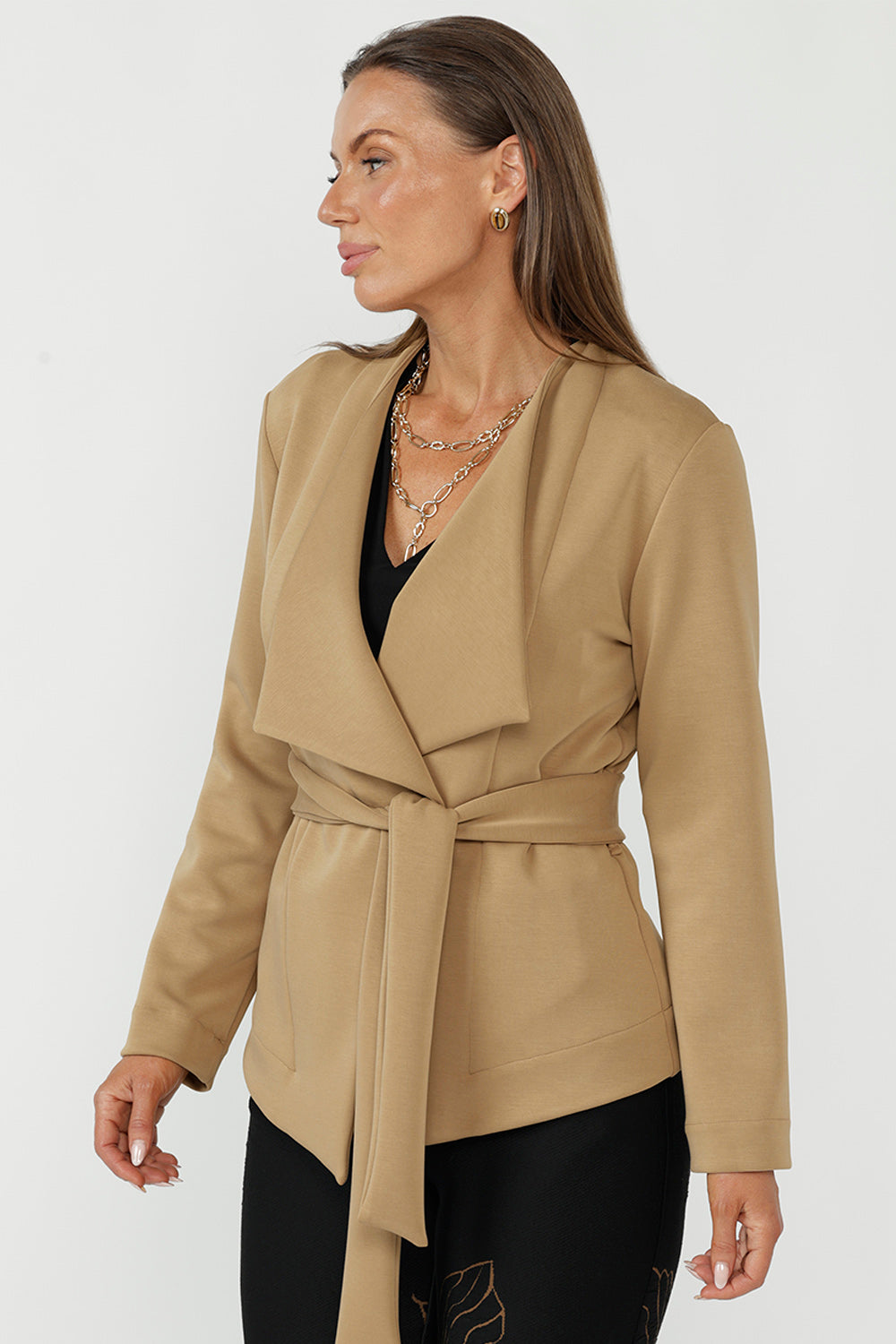 Elegant Lyndon wrap jacket crafted from luxe Modal fabric with a fluid drape, adjustable waist tie and refined tailoring for elevated everyday dressing.