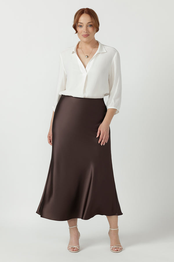 Manhattan Maxi Skirt in Chocolate Satin