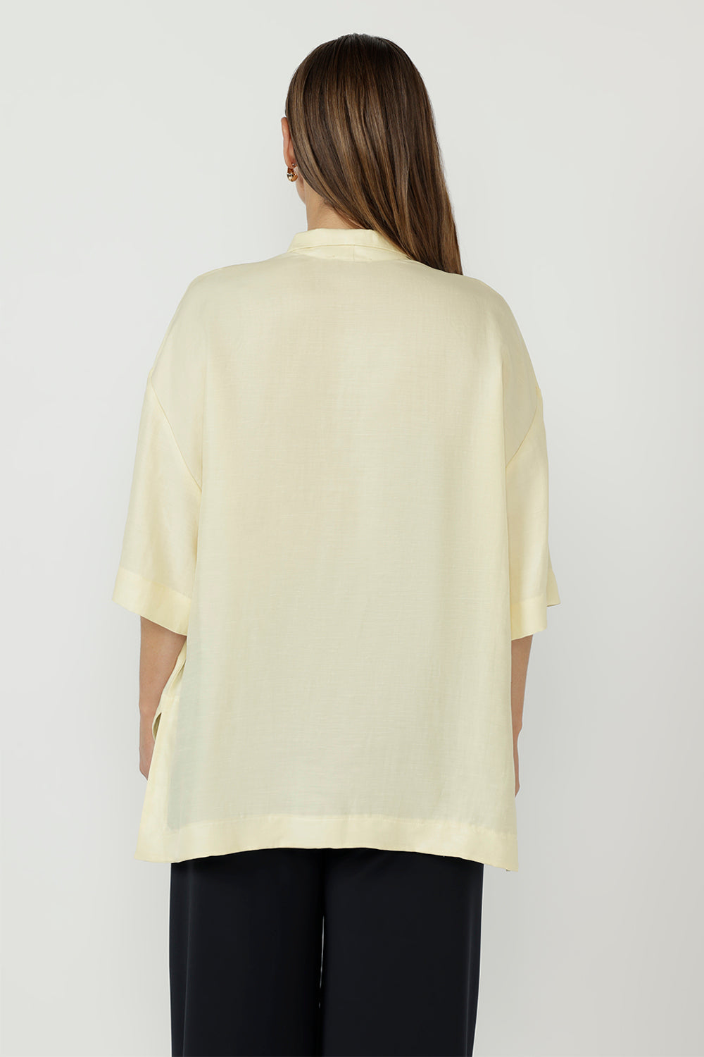 Australian-made Martha Shirt featuring a collared V-neckline, tailored centre-front tuck, bust darts and a curved hemline for polished work-to-weekend style.