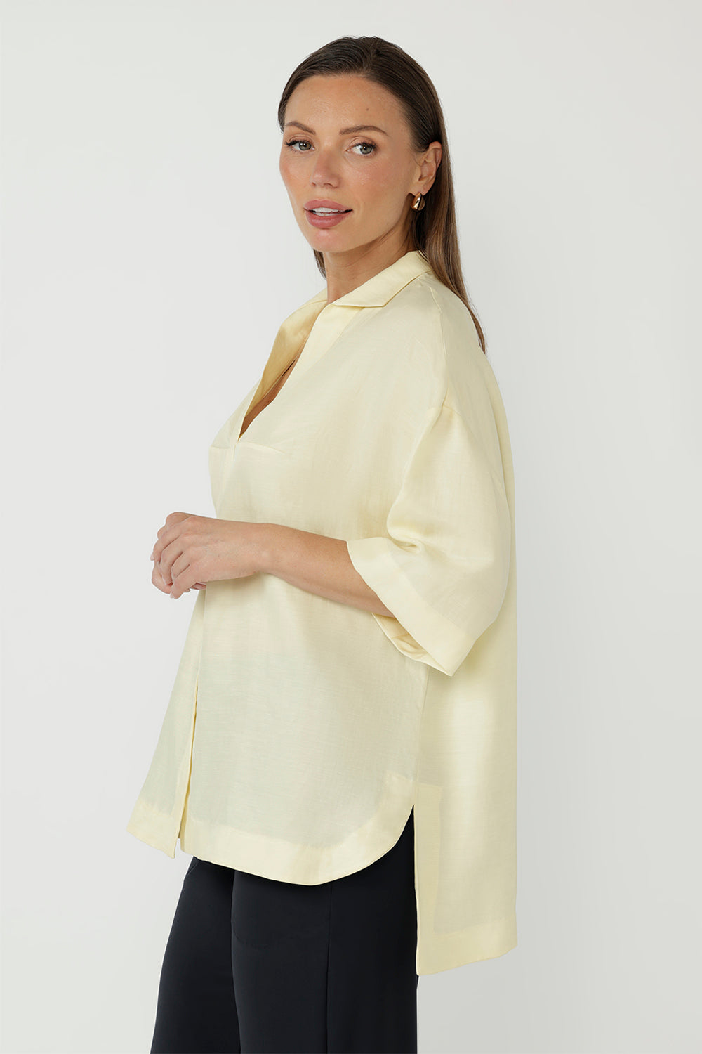 Women’s Martha Shirt in a luxe Cupro, Tencel and Linen blend with a soft natural texture, below-elbow sleeves and a relaxed oversized silhouette.