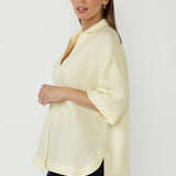 Women’s Martha Shirt in a luxe Cupro, Tencel and Linen blend with a soft natural texture, below-elbow sleeves and a relaxed oversized silhouette.