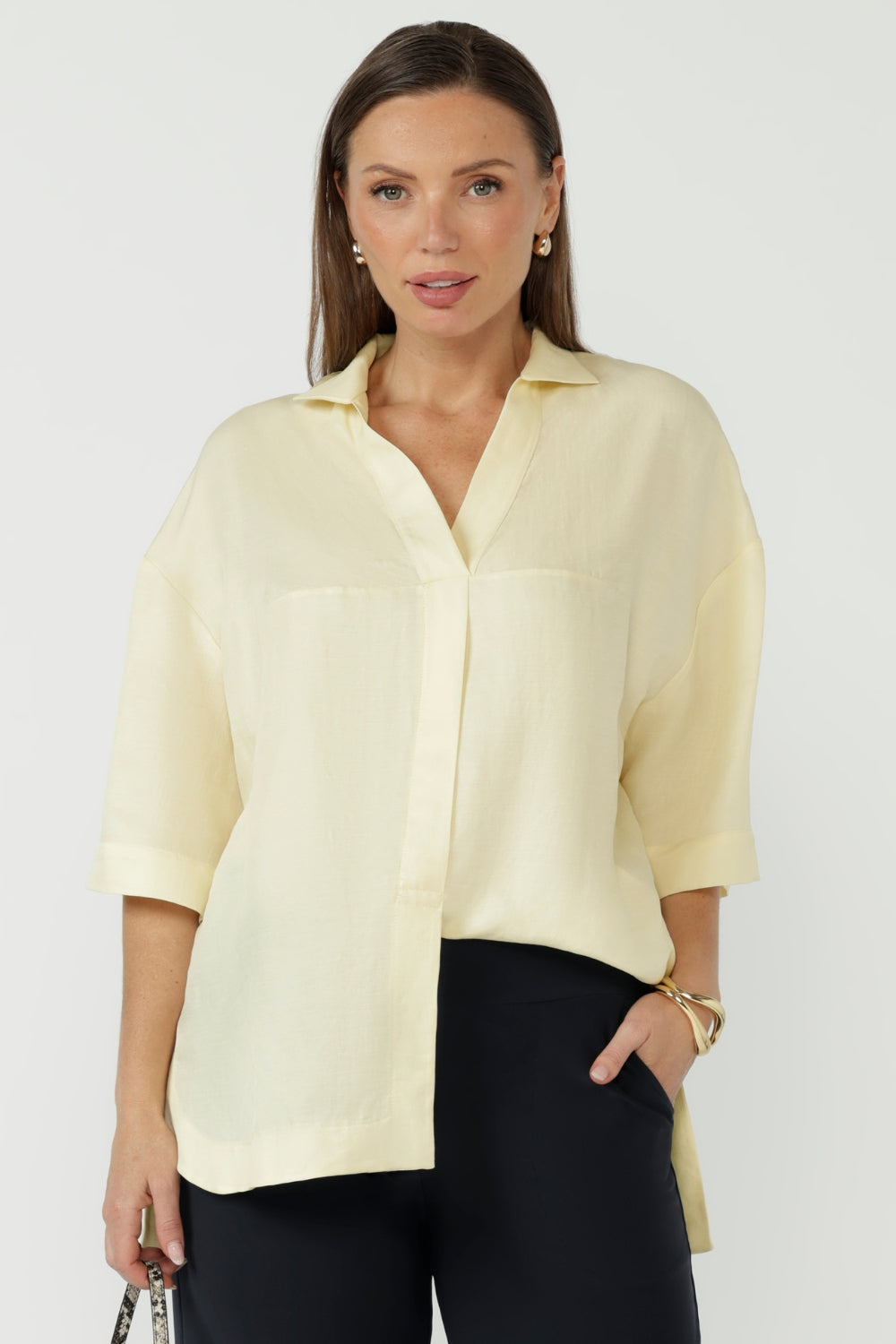 Martha Shirt crafted from a sustainable Cupro, Tencel and Linen blend, featuring a relaxed oversized fit, collared V-neckline and fluid drape for effortless everyday dressing.