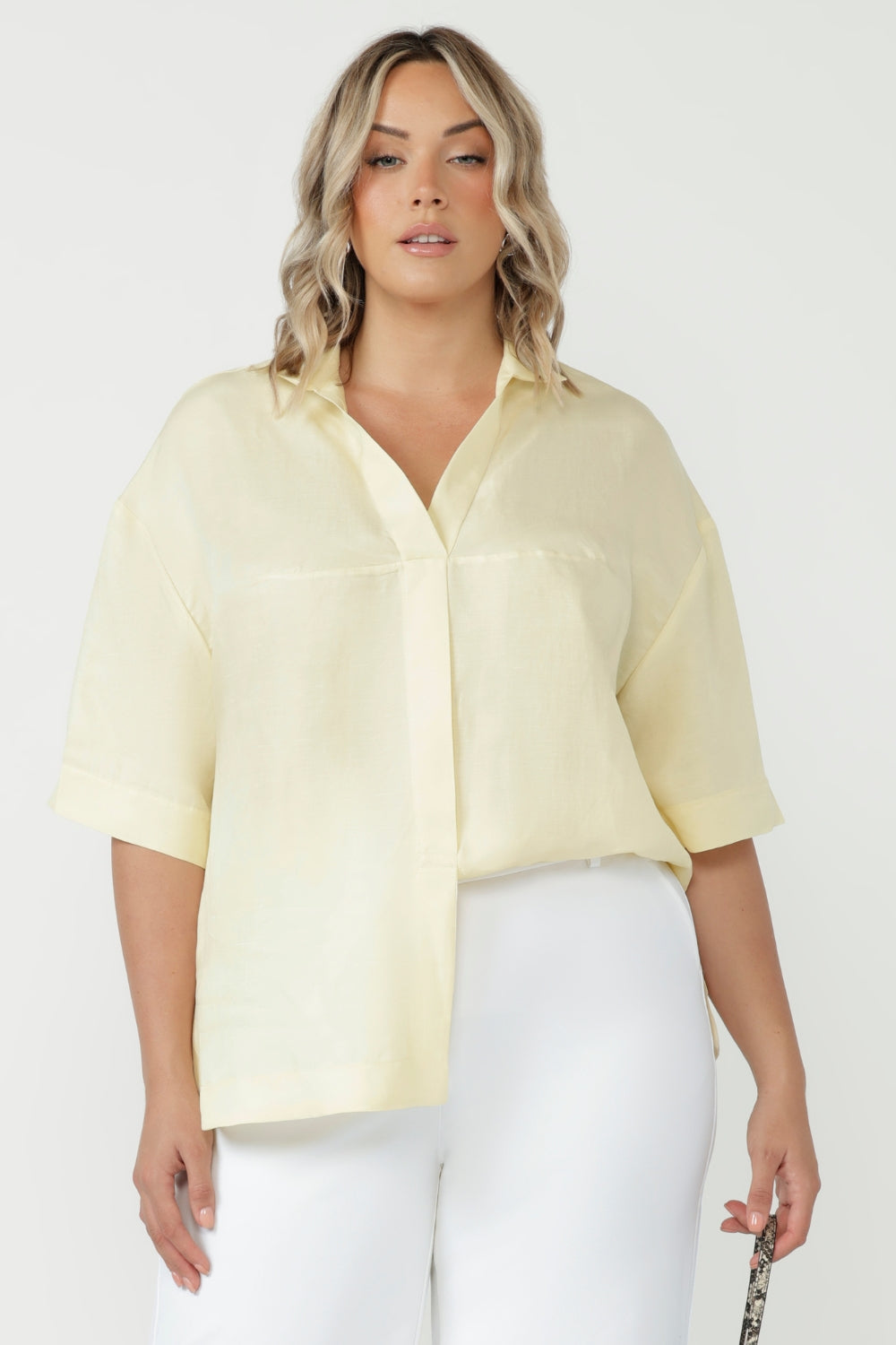 Relaxed Martha Shirt crafted from a sustainable woven Cupro, Tencel and Linen blend with no stretch, offering beautiful drape and an easy pull-on fit.