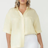 Relaxed Martha Shirt crafted from a sustainable woven Cupro, Tencel and Linen blend with no stretch, offering beautiful drape and an easy pull-on fit.