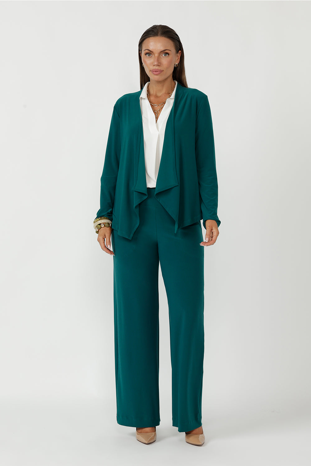 Elegant Mikey cardigan crafted from luxe dry-touch stretch jersey featuring a flowing open front, waterfall neckline and streamlined tailored fit.