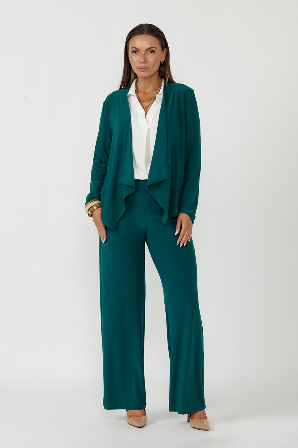 Monroe Pant with a refined pull-on design, heavyweight stretch fabrication and sleek straight-leg tailoring, designed to pair seamlessly with soft suiting separates.