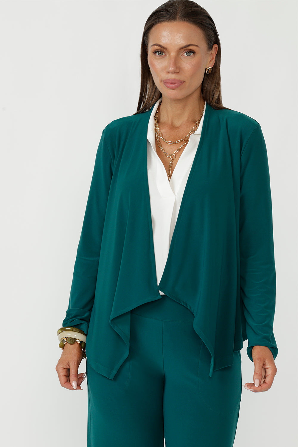 Australian-made Mikey cardigan designed in soft stretch jersey with refined tailoring, back darts and an open waterfall silhouette for sophisticated everyday wear.