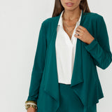Mikey soft suiting cardigan with a chic waterfall collar, full-length sleeves and angled hemline, designed for versatile layering and modern sophistication.