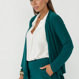 Luxe Mikey cardigan in premium stretch jersey with softly tailored shaping, open front styling and refined back dart detailing for elevated everyday dressing.