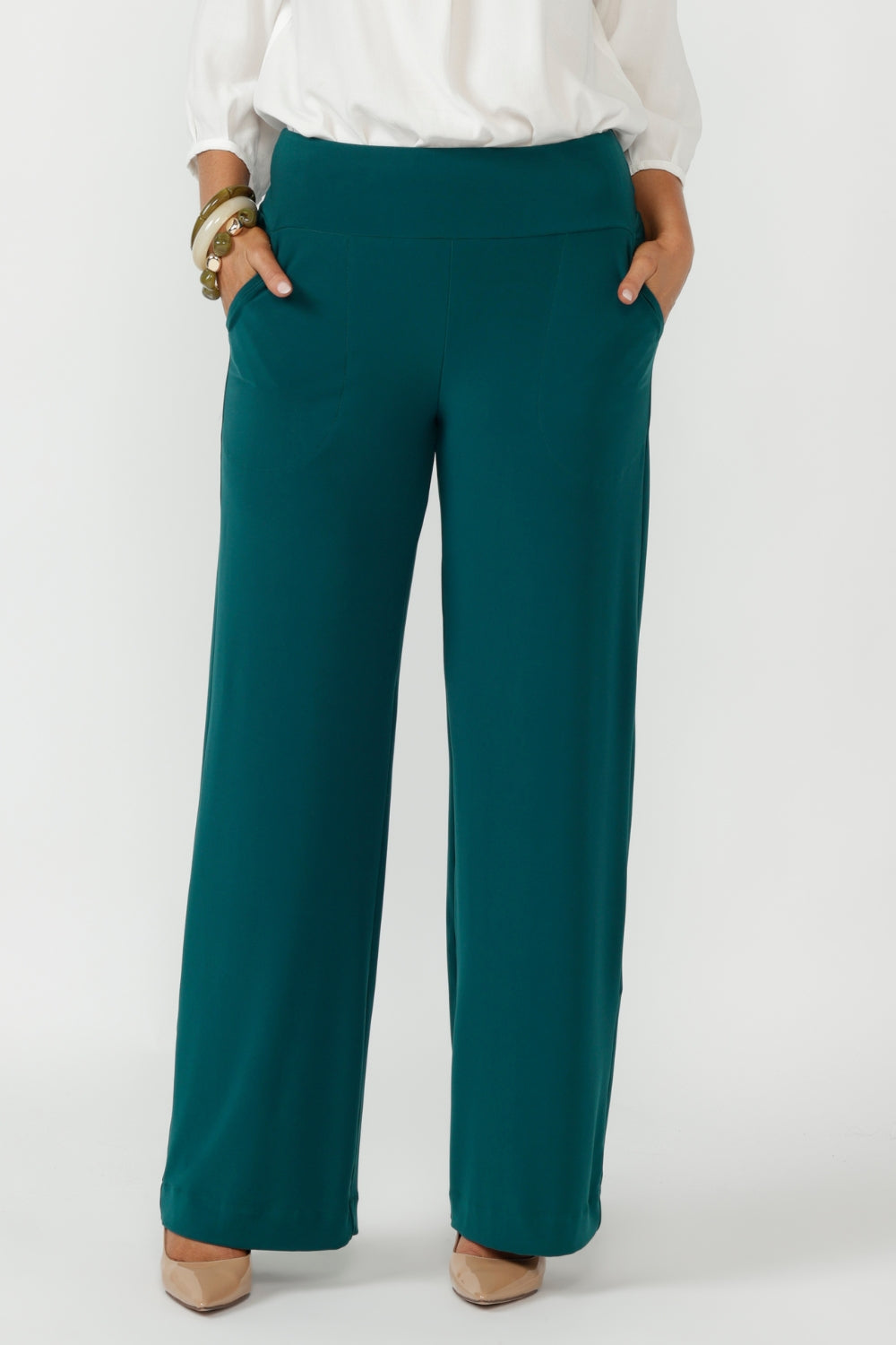 This elevated pull on style features a deep double layer waistband for a smooth, flattering fit and a clean straight leg silhouette. Available in three lengths.