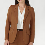 Close-up of the toffee Longline Tailored Jacket double-layer front panels and front welt pocket with flap.