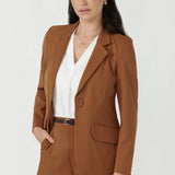 Longline Tailored Jacket in toffee Tech Stretch, a polished blazer with notch lapels and a button-up front.