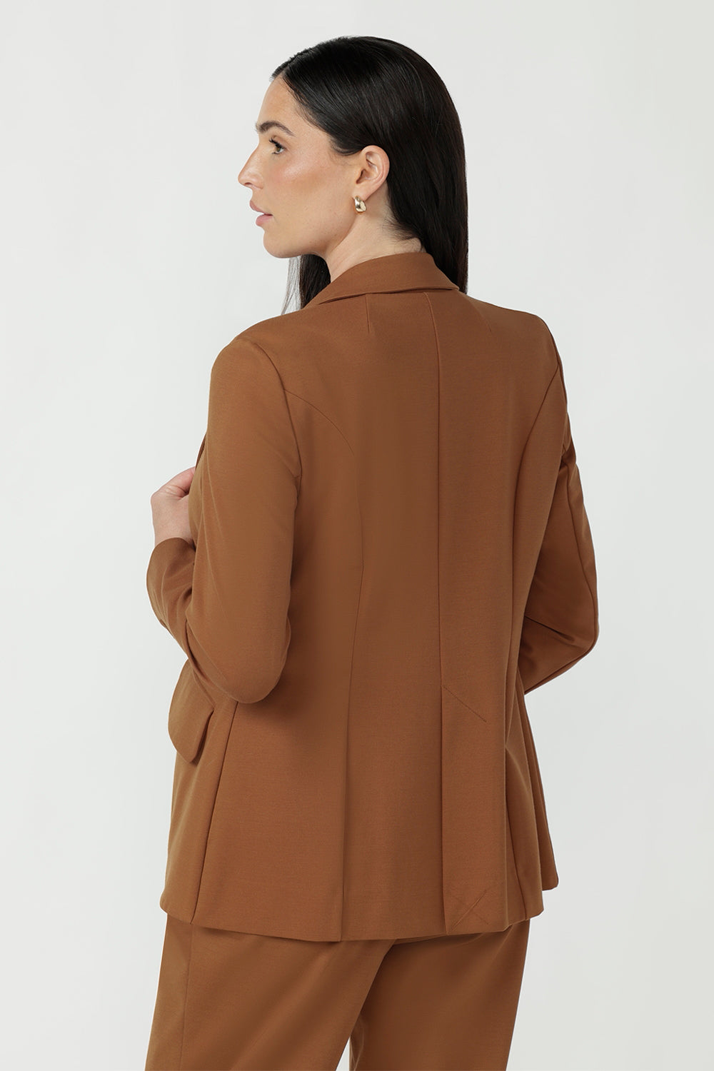 Versatile toffee longline blazer with notch lapels, perfect for the office and refined everyday styling.