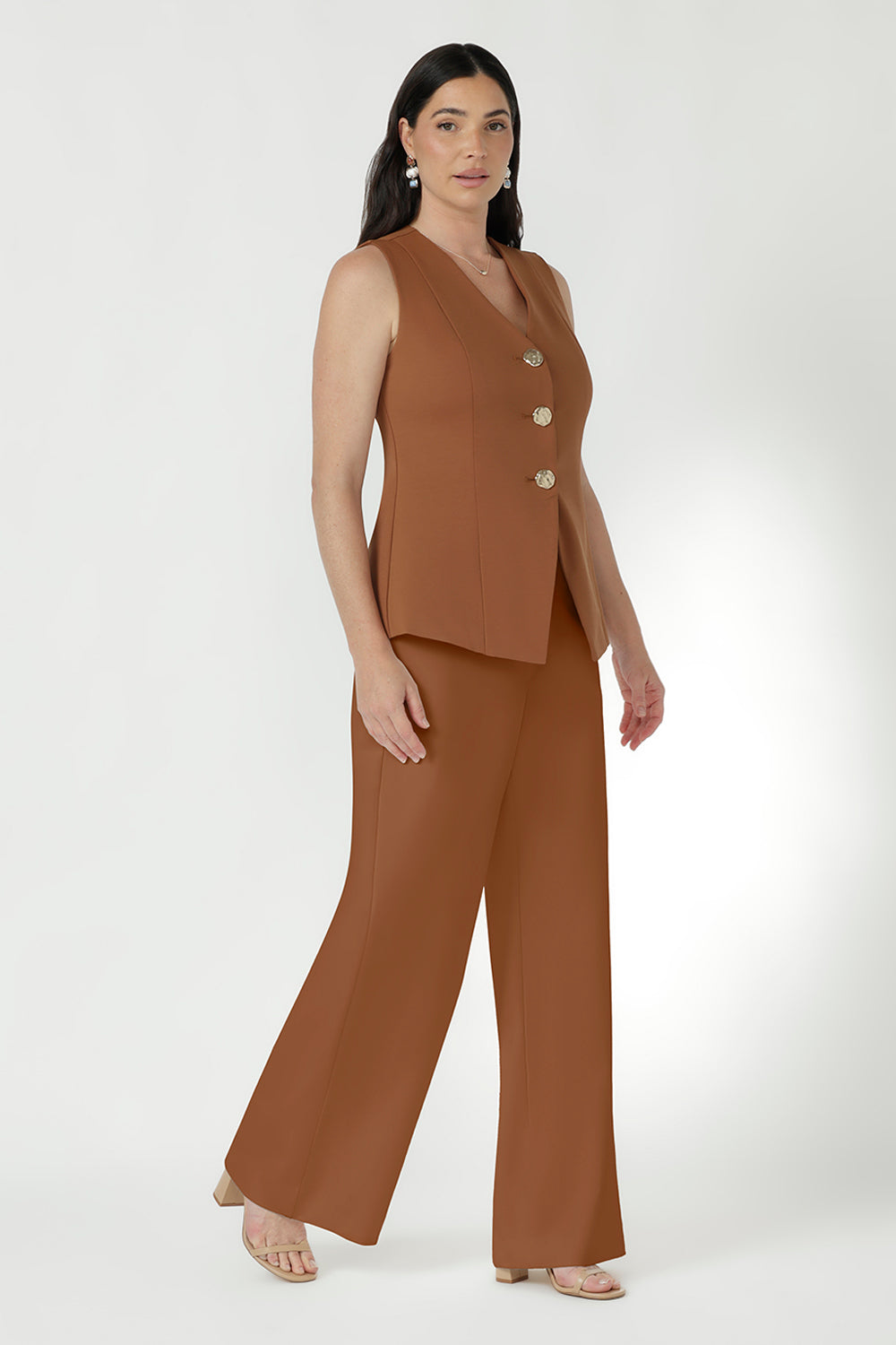 Best-selling toffee Wide Leg Pant blending timeless tailoring with ease of movement, perfect for workwear.
